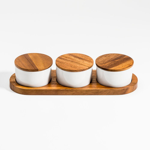 ceramic condiment set on acacia wood base