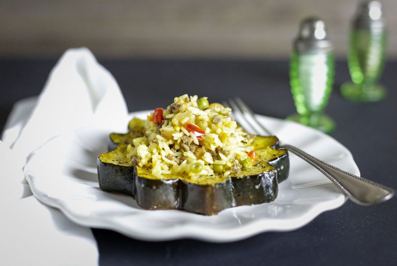 roasted acorn squash with dirty rice pilaf recipe