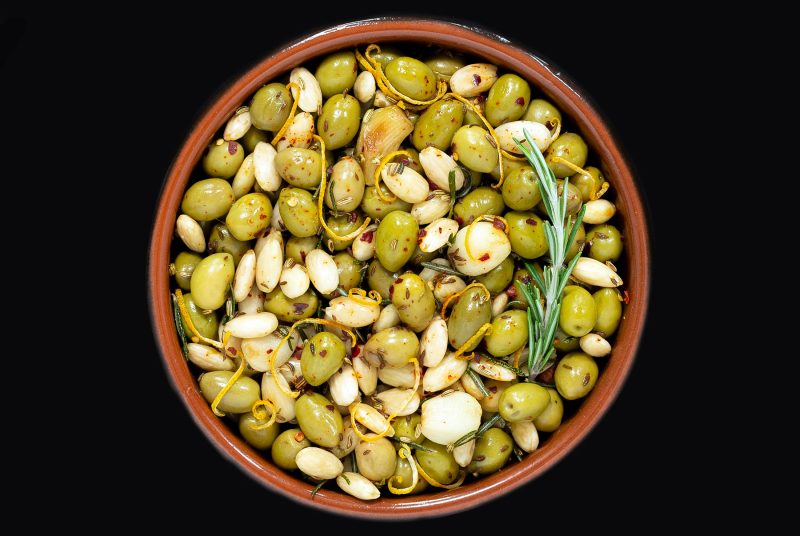 warm herbed olives and almonds